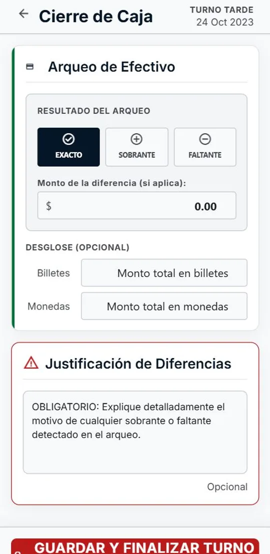 Cierre de caja por turno
